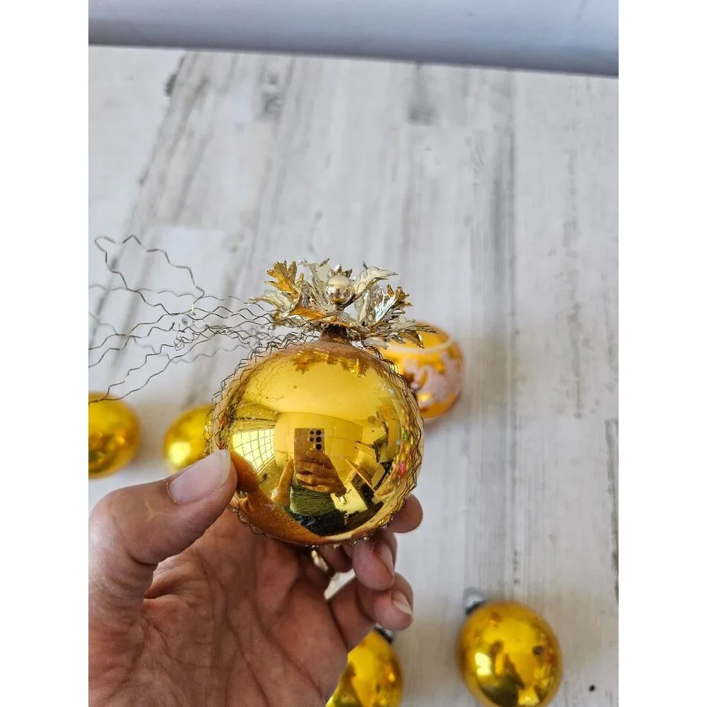 Vintage Mercury glass yellow ball ornament‎ set striped glitter tinsel